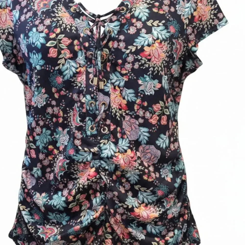 Thomas & Olivia Boho Multicolor Floral Ruched V-Neck Lace-Up Top NWOT  Medium